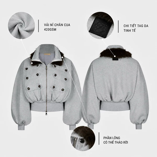 Áo khoác nỉ basic REGODS COURT JACKET form cropped tay phồng 420GSM - màu xám tiêu chất nỉ chân cua cao cấp dày dặn