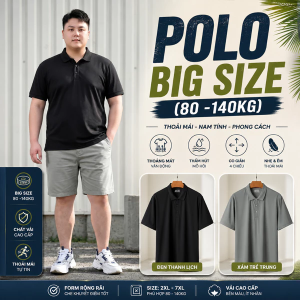 Áo Polo Nam Bigsize 80-140KG AKYOO Cao Cấp Cotton Co Giãn, Thâm Hút Mồ Hôi, Áo Polo - PL D4 - D5