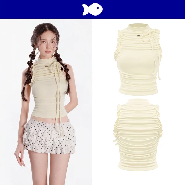 Áo croptop ôm ba lỗ cổ cao DKMV phối viền bèo thiết kế nhún thân thắt nơ vai đáng yêu màu vàng bơ Kansai Top | K-T19-V