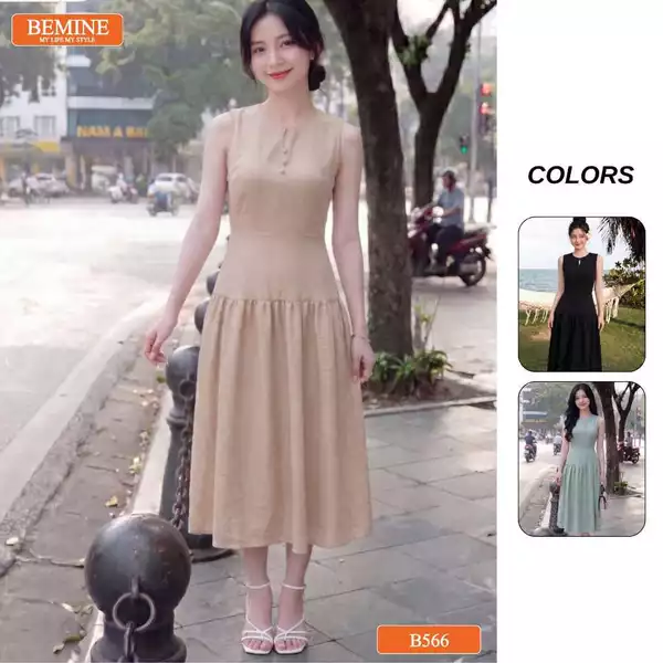 Đầm thiết kế BEMINE cổ tròn sát nách xẻ giọt nước dáng chữ A phù hợp đi chơi-B566