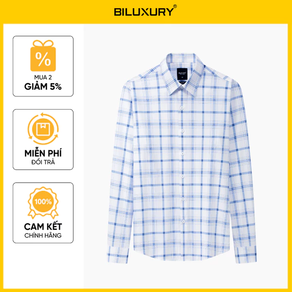 Áo Sơ Mi Dài Tay Thiết Kế Kẻ Ô Xanh Dương 1SMDC642XAH Biluxury Form Slimfit Kháng Khuẩn Bền Màu