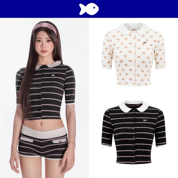 Áo polo cổ sen nữ dáng croptop ôm DKMV cài nút tay lửng điệu đà hoạ tiết nổi bật thun len logo cá Lois Set | K-SET25-T