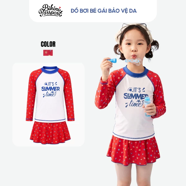 Đồ bơi bé gái tay dài bảo vệ da đi biển - Bikini Passport - KD024_RD