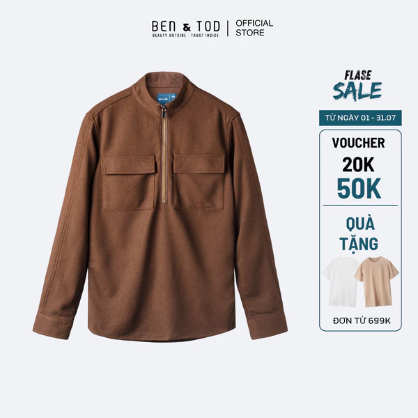 Áo sơ mi nam Ben & Tod R1625 BC220 chất cotton dày dặn basic phối zip cao cấp Regular