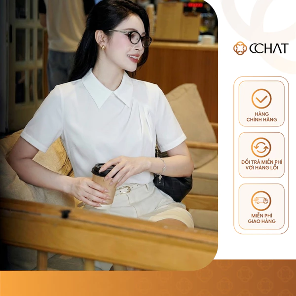 Áo Kiểu Nữ 𝐂𝐂𝐇𝐀𝐓 Dáng Suông Herzen Cổ Đức Xếp Ly Phía Trước Chất Liệu Tơ Tằm Mềm Mại 16FNV2112ST
