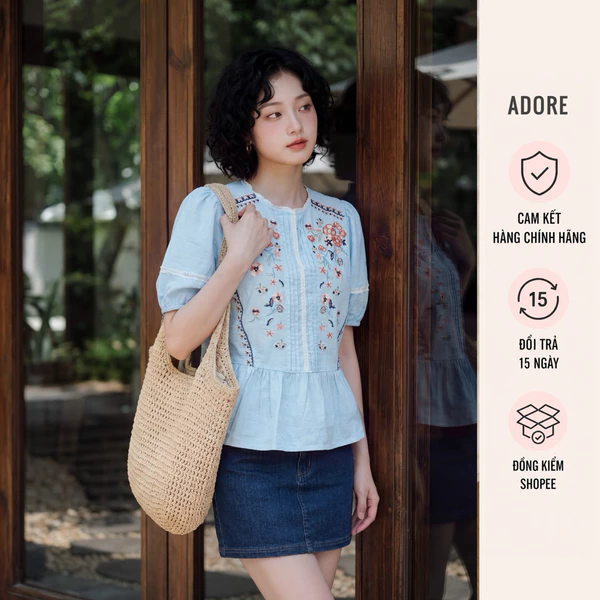 Áo peplum xanh thiên thanh thêu thân trước - 611TO1008  ADORE