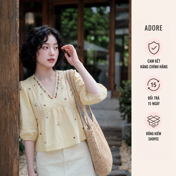 Áo peplum thô vàng kem thêu hoa cổ - 613TO1036  ADORE
