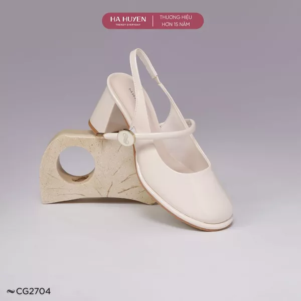 Giày cao gót nữ 8cm Mary Jane nữ HÀ HUYỀN da bóng khóa tròn quai hậu gót vuông 8 phân - CG2704
