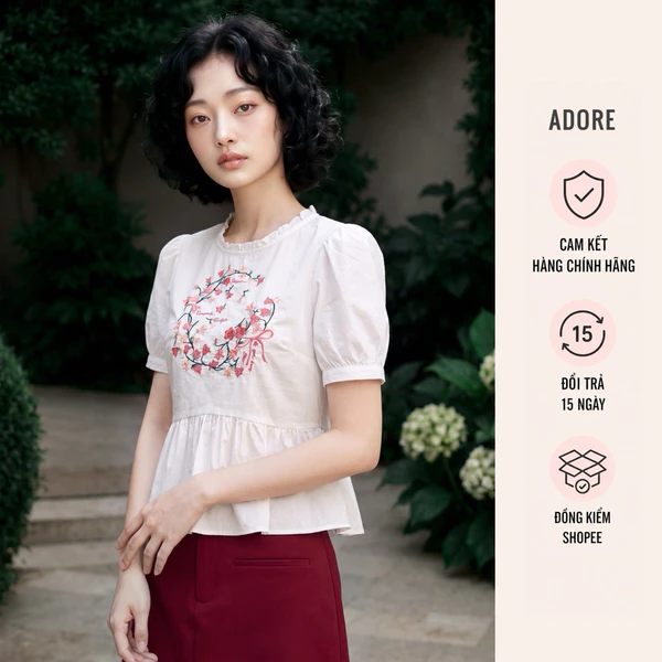 Áo peplum cổ nhún thêu linh lan hồng - 611TO1007 ADORE
