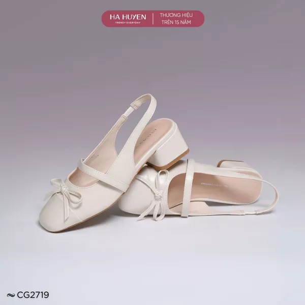 Giày cao gót mary jane nữ HÀ HUYỀN da lì mũi nơ quai hậu gót vuông 5cm - CG2719