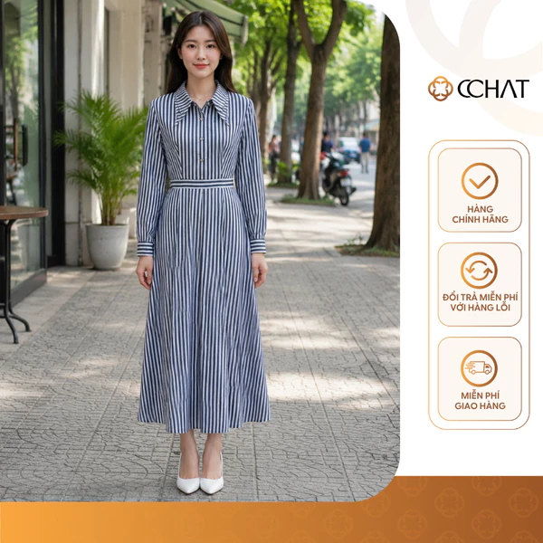 Đầm Nữ 𝐂𝐂𝐇𝐀𝐓 Dáng Xòe Kiểu Juniper Họa Tiết Kẻ Sọc Dọc Chất Liệu Mềm Mại 16VDT2033XT