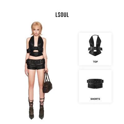 LSOUL Set Áo Yếm Cổ Khoét Phối Đai + Quần Short Đai Đinh Tán Y2K ACE A24122788M24120584
