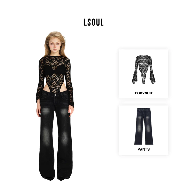 LSOUL Áo Bodysuit Ren Xuyên Thấu Tico - Quần Jeans Nữ Ống Suông Wash Loang Diva Pants A26032888