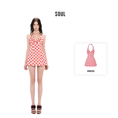 LSOUL - Gunbou Dress Đầm Chữ A Cổ Yếm Họa Tiết Caro Đỏ Cut Out Quyến Rũ V25071679