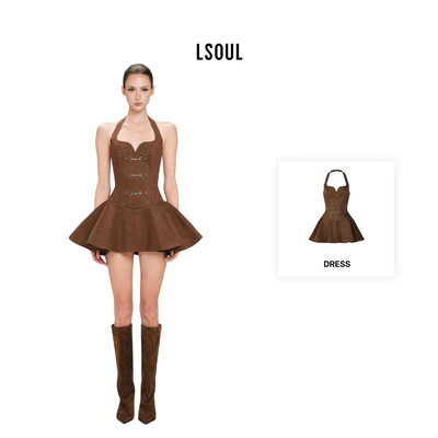 LSOUL Đầm Corset Cổ Yếm Phối Khóa Cài Kim Loại Chi Tiết Da Lộn Donna Dress V26011694