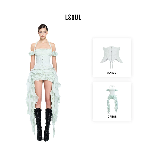 LSOUL Đầm Cúp Ngực Trễ Vai Tùng Bèo Tua Rua + Đai Corset Sang Trọng Lotis Set V24031601 A24032744