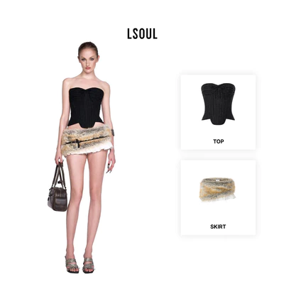 LSOUL Áo Corset Đan Dây Đen Jinx Top + Chân Váy Lông Cạp Trễ Sweeney Skirt - A24122795 CV24120708