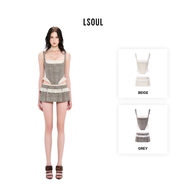 LSOUL - Moni Set Áo Corset Hai Dây Phối Voan + Chân Váy Miniskirt Cạp Voan A25072830 CV25070727