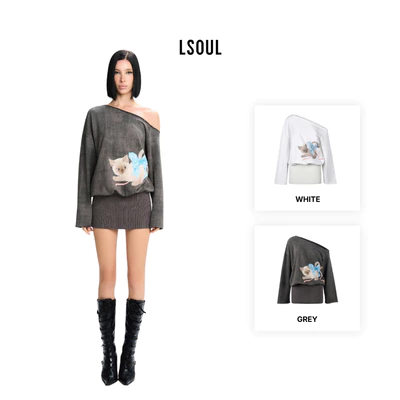 LSOUL Đầm Trễ Vai Tay Dài Bo Gân Cotton Co Giãn In 3D Ling Dress V25101688 V25101689