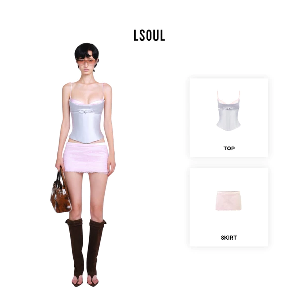 LSOUL Áo Corset Hai Dây Cúp Ngực Đính Nơ + Chân Váy Hồng Mini Ren Co Giãn Suzan Set A26042898