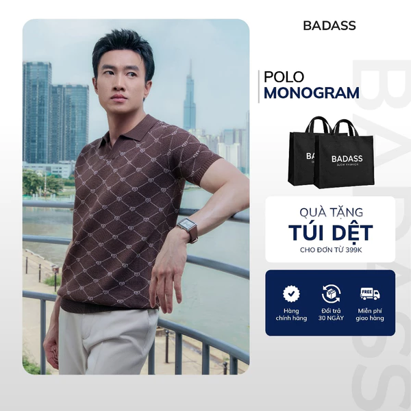 Áo Polo Nam BADASS Dệt Kim Monogram Cotton Form Regular Mềm Mịn Thoáng Khí PODTK744