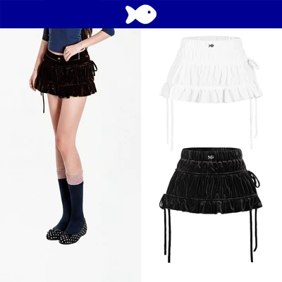 Chân váy nhung xòe ngắn DKMV màu đen, trắng thắt nơ đáng yêu Velvet Gabrie Skirt | K21-V2