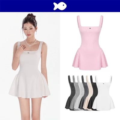 Đầm tiểu thư dáng hai dây cổ vuông DKMV form xoè bồng thun 2 da ôm dáng đính logo cá inox Caroline Dress | K-D42