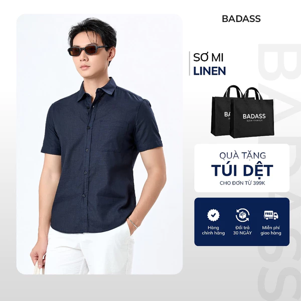 Áo Sơ Mi Nam Ngắn Tay BADASS Chất Liệu Linen Form Regular Thoáng Mát Có Túi Thanh Lịch_STNTK714
