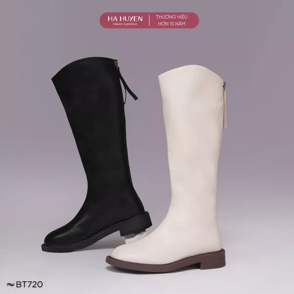 Bốt cổ cao, boot gối HÀ HUYỀN da lì khóa sau cổ cut V gót vuông 3cm - BT720
