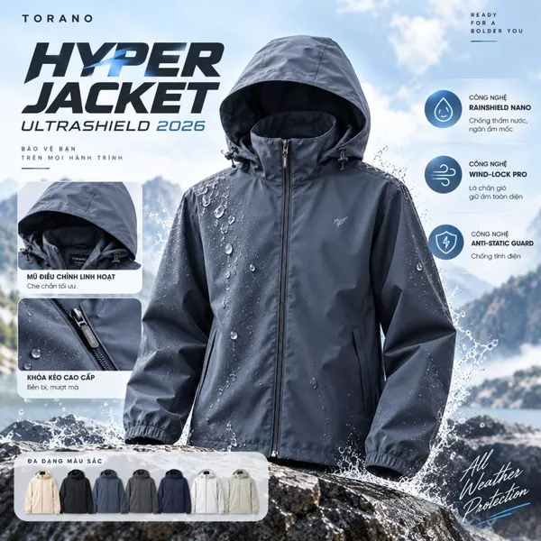 Áo Khoác Gió Nam 2 lớp HYPER JACKET TORANO Công Nghệ Cao Cấp Heattech, Chống Thấm, Cản Bụi, Cản Gió, Giữ ấm EWCW001