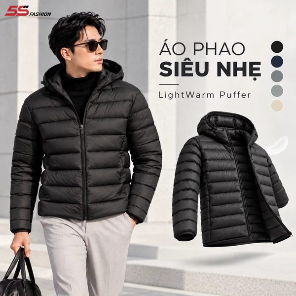 Áo Khoác Phao Nam Siêu Nhẹ LightWarm Puffer 5S FASHION Có Mũ Tháo Rời, Trơn Basic M0APH25011