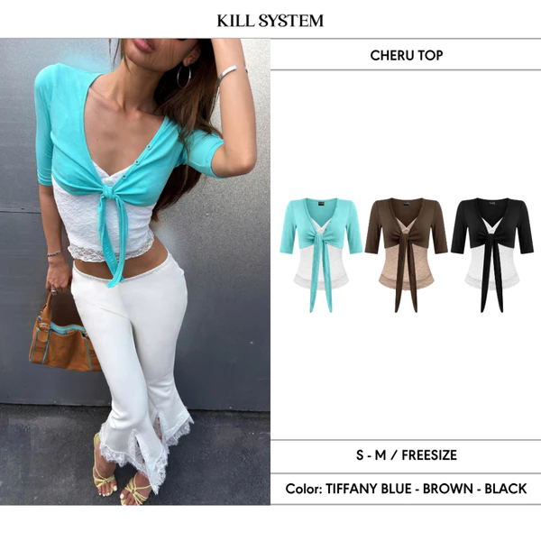 Áo khoác croptop buộc nơ tay lửng phối áo hai dây ren ôm body CHERU - 𝐊𝐈𝐋𝐋 𝐒𝐘𝐒𝐓𝐄𝐌