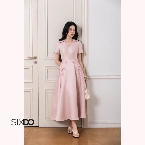 Đầm hồng taffeta cổ V ngắn tay phối hoa 3D SIXDO (Pink 3D Flower Taffeta Flared Dress)