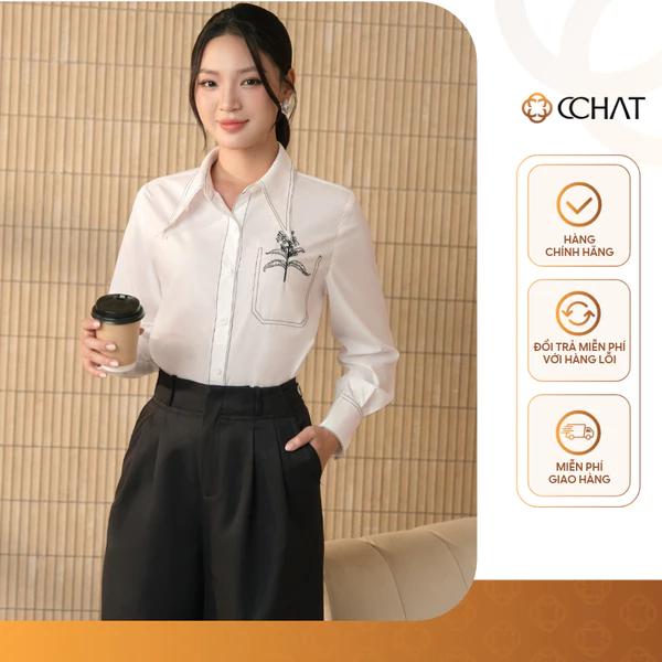 Áo Sơ Mi Nữ 𝐂𝐂𝐇𝐀𝐓 Dáng Suông Thêu Trang Trí Cổ Đức Chất Liệu Cao Cấp 16FDT2004ST