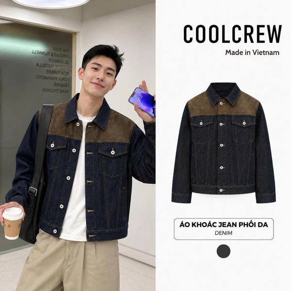Áo Khoác Jean Phối Da Lộn 𝐂𝐎𝐎𝐋𝐂𝐑𝐄𝐖 Denim Nam Nữ Unisex Form Rộng Vintage Phong Cách Cá Tính AKD080