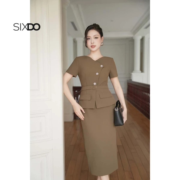Đầm dáng bút chì phối cúc cổ V SIXDO (Teak Woven Pencil Dress)