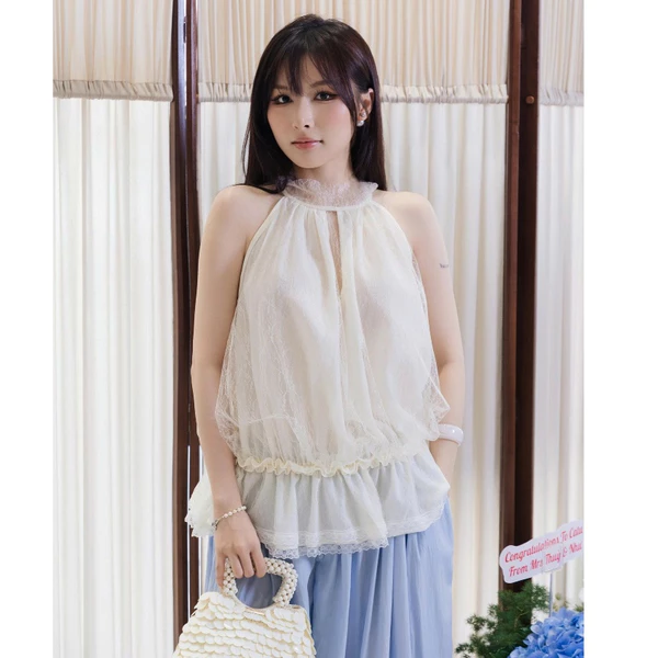 TUBYCATU Áo Yếm Dây Buộc Dreamy Lace Phối Ren Dáng Peplum Nữ Tính