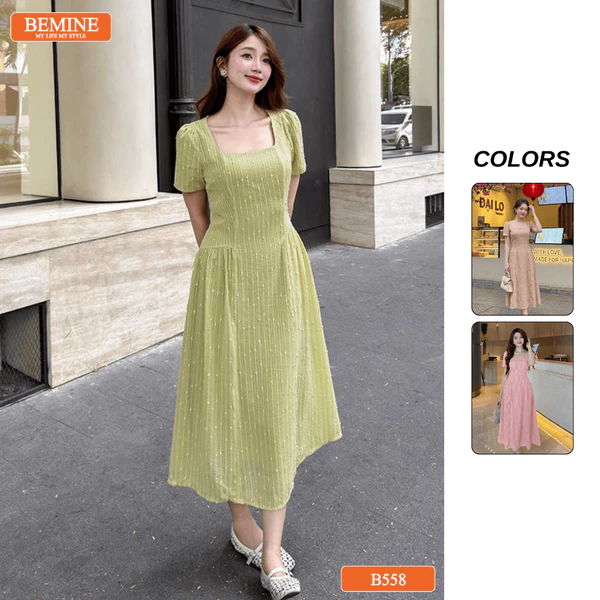 Đầm BEMINE cổ vuông voan tơ kim tuyến dáng dài phù hợp đi chơi-B558