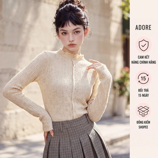 Top dài tay thun lưới kem/camel/ đen cổ leo - 512HT1008 ADORE