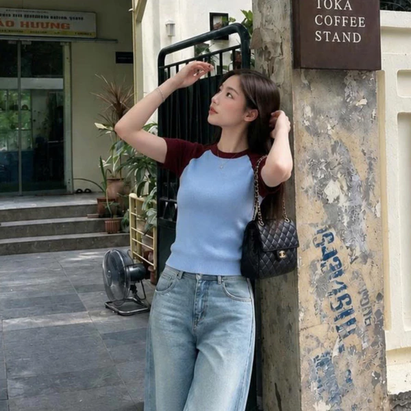 TUBYCATU Áo Len Nữ Dệt Kim Jazzie Tay Ngắn Raglan Phong Cách Retro Basic Dễ Phối