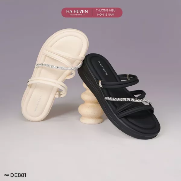Dép nữ 4cm HÀ HUYỀN quai da đính đá đế bánh mì 4 phân - DE881