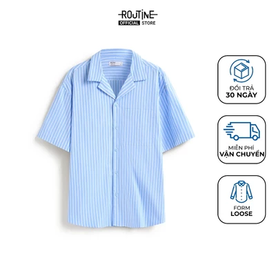 Áo Sơ Mi Nam Ngắn Tay Vải Cotton Kẻ Sọc Cổ Curban Form Loose - Routine 10S25SHS005