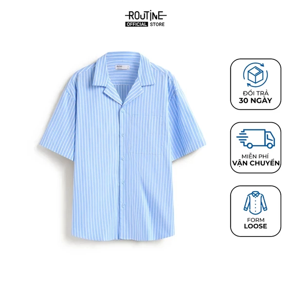 Áo Sơ Mi Nam Ngắn Tay Vải Cotton Kẻ Sọc Cổ Curban Form Loose - Routine 10S25SHS005