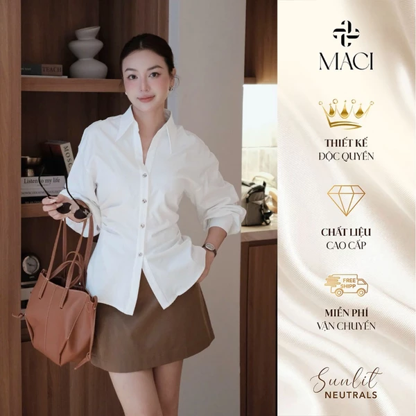 Áo Sơ Mi Trắng Nhún Eo Dài Tay Khuy Titan Chất Bamboo Hàn MACI MCASMTR0340 Thời Trang Nữ Thiết Kế