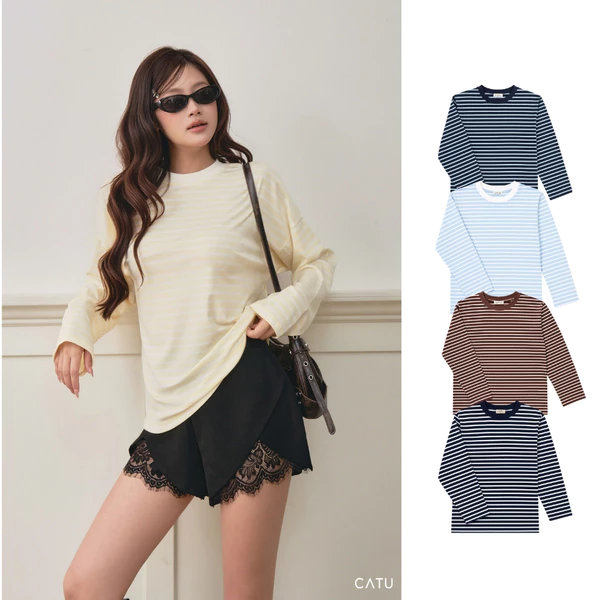 TUBYCATU Áo Thun Cổ Tròn Dài Tay Sọc Ngang Lazy Stripe Chất Dày Dặn Mềm Mại