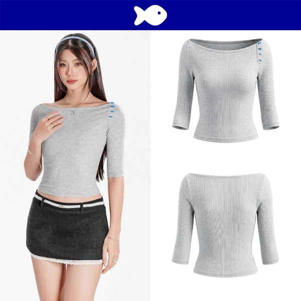 Áo thun nữ cổ thuyền tay lửng DKMV thiết kế đính hàng nút hình con cá độc đáo ôm dáng màu xám Adhara Top | K-T71-X