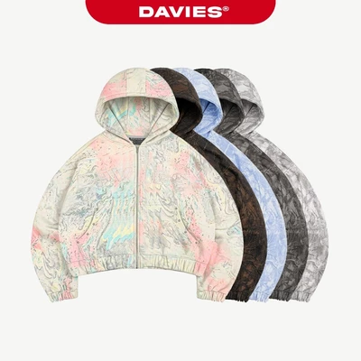 Áo hoodie zip nỉ bông họa tiết lá rừng DAVIES hình thêu chữ nổi tay phối viền túi áo rộng đính nút Commando | D-HD5