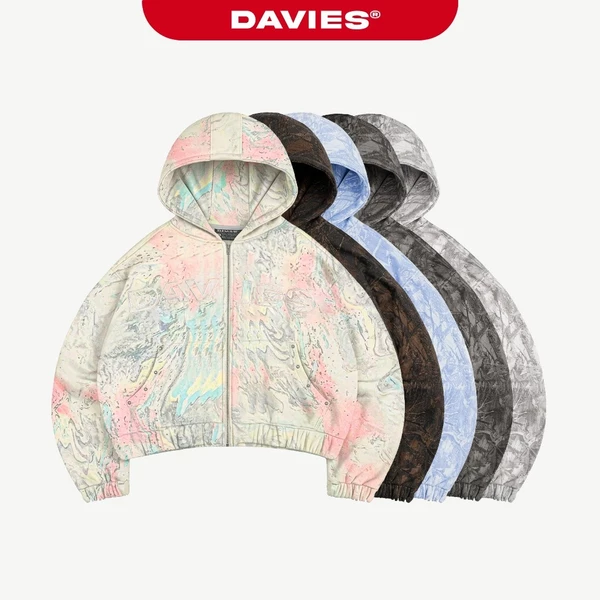 Áo hoodie zip nỉ bông họa tiết lá rừng DAVIES hình thêu chữ nổi tay phối viền túi áo rộng đính nút Commando | D-HD5