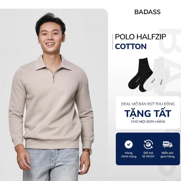 Áo Polo Nam Dài Tay Cổ Bẻ BADASSS, Chất Cotton Thấm Hút, Ấm,Thiết Kế Trơn Dễ Mặc POHTK637