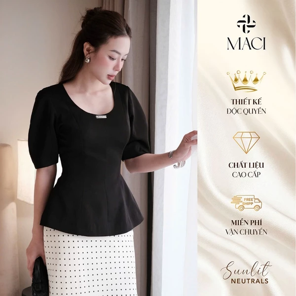 Áo Peplum Cổ Trứng Tay Phồng Chất Tafta Lụa Tag MACI MCAATDE0421 Thời Trang Nữ Thiết Kế Độc Quyền